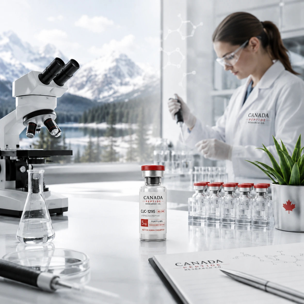 Modern peptide research laboratory with microscope, vials, and Canadian research setting